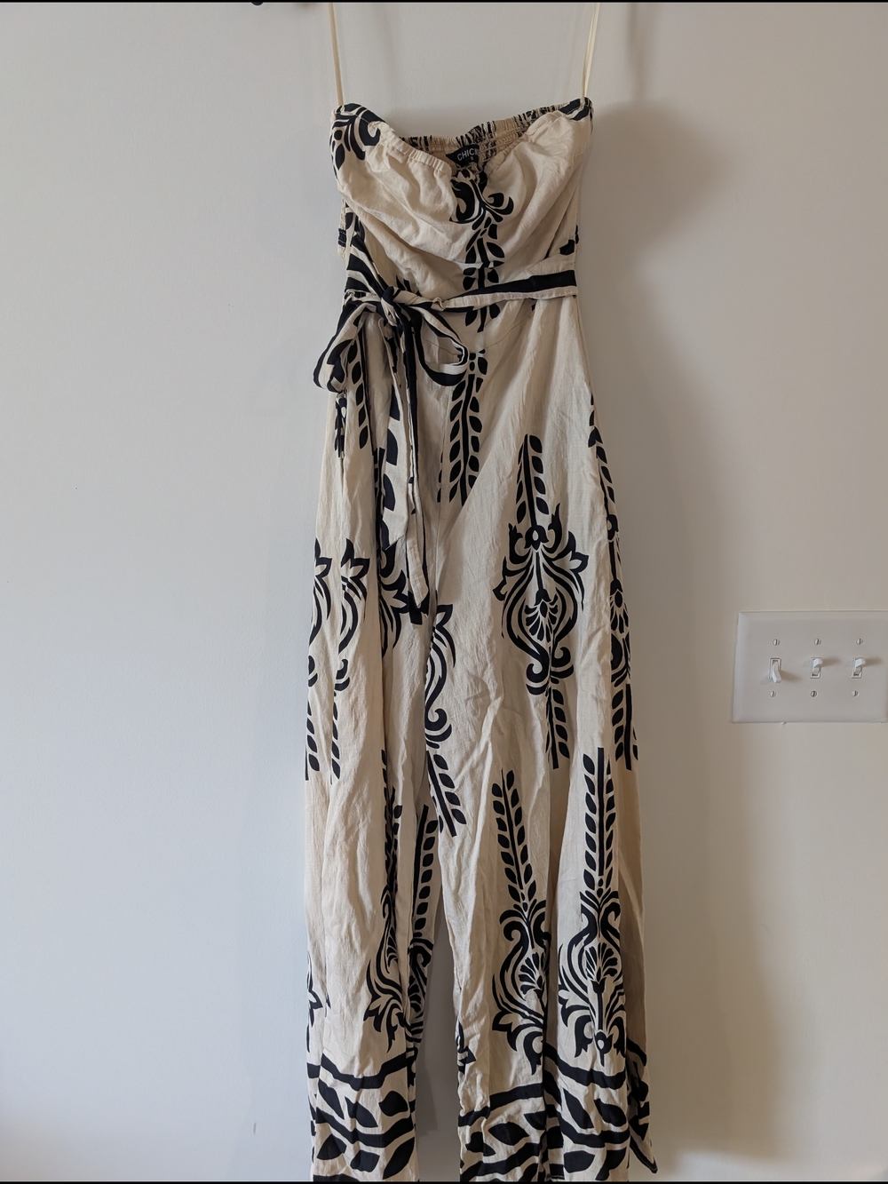 Strapless Beige and Black Printed Maxi Dress with Waist Tie
